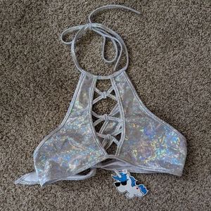 Sparkly Silver Holographic Rave Tie Top One Size